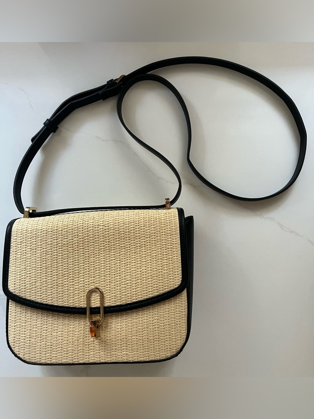 a new day woven Crossbody Bag  Black with Woven Straw Detail - Adjustable strap
